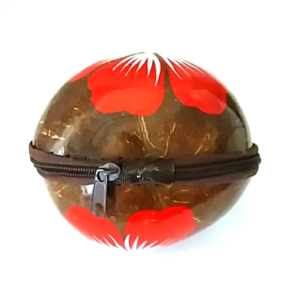 VINTAGE COCONUT HIBISCUS BAG HANDPAINTED CARVED HULL HANDLES - Picture 6 of 8